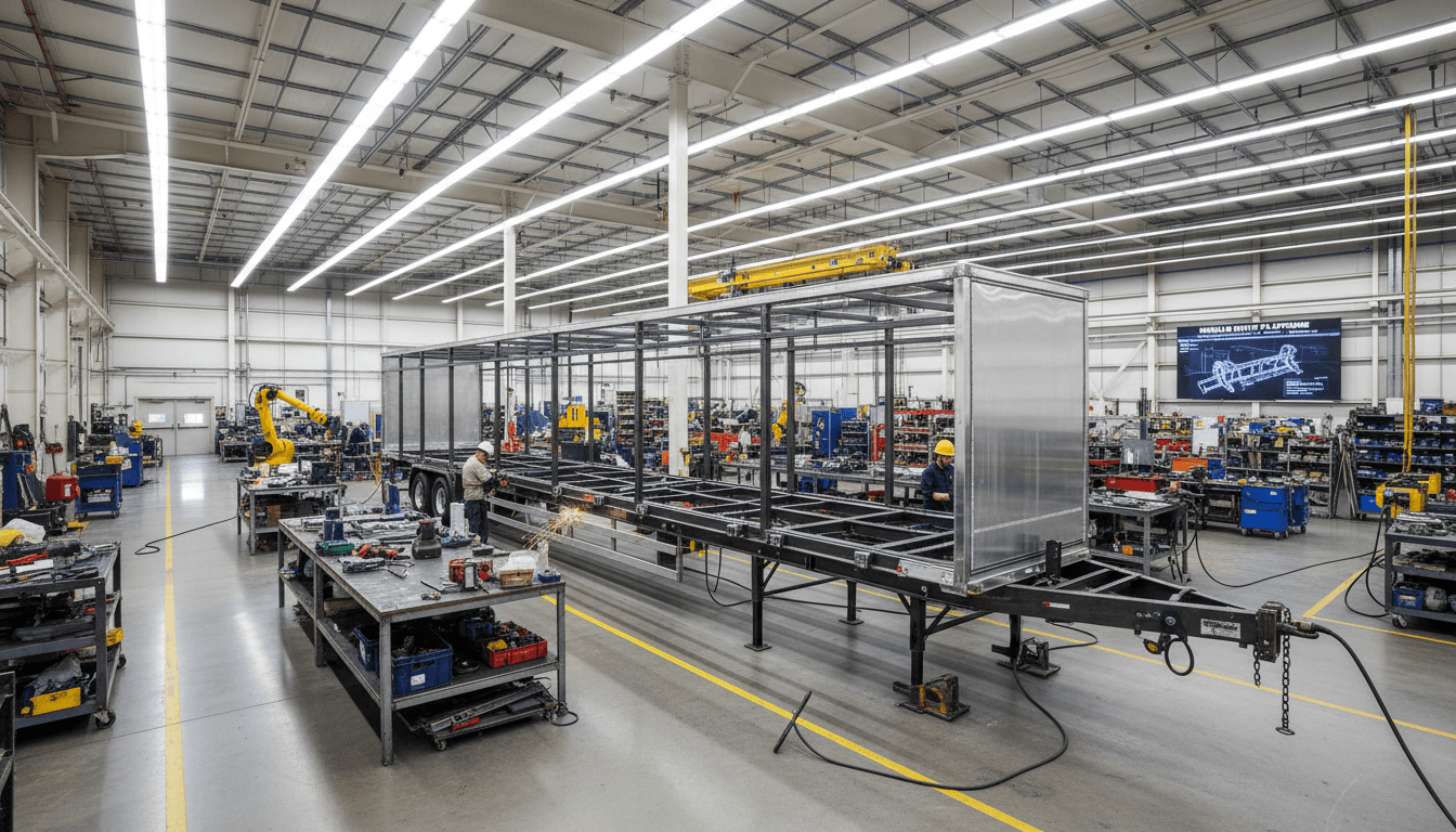 Custom trailer manufacturing in progress at American Trailer Wholesale facility in Ontario, California