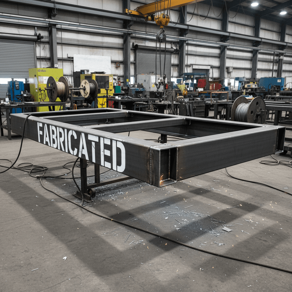 Custom fabricated metal trailer frame being constructed