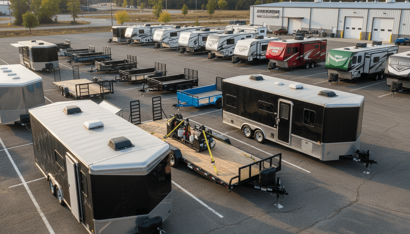 Finished custom trailers displayed outdoors showcasing different designs and applications