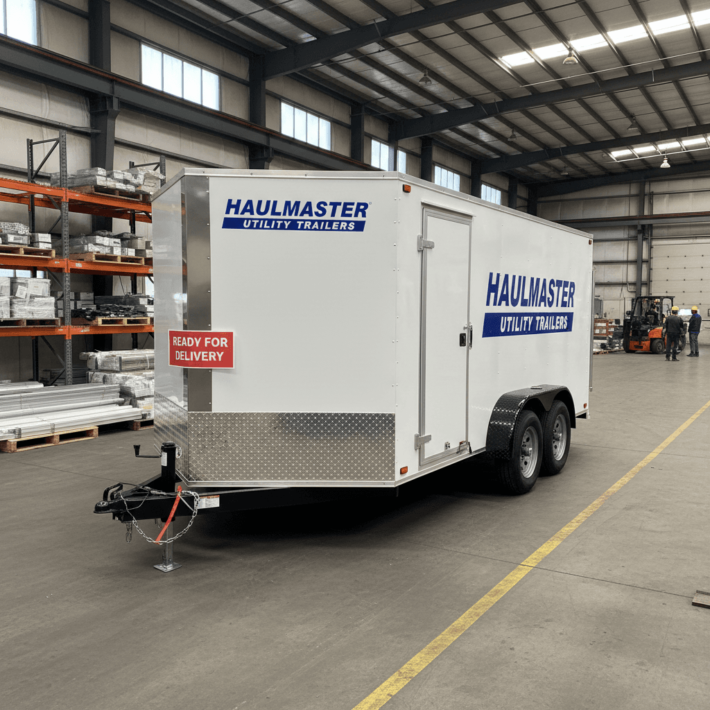 Completed enclosed utility trailer ready for customer pickup